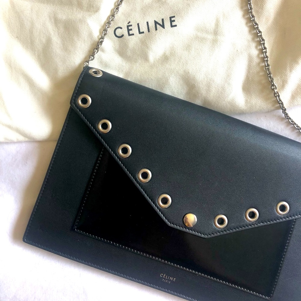 Celine leather pocket clutch bag on chain